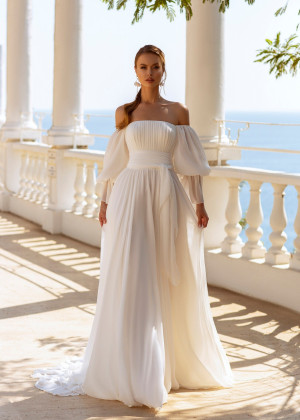 Off Shoulder Ivory Pleated Chiffon Corset Back Flowing Wedding Dress Off Shoulder Ivory Pleated Chiffon Corset Back Flowing Wedding Dress
